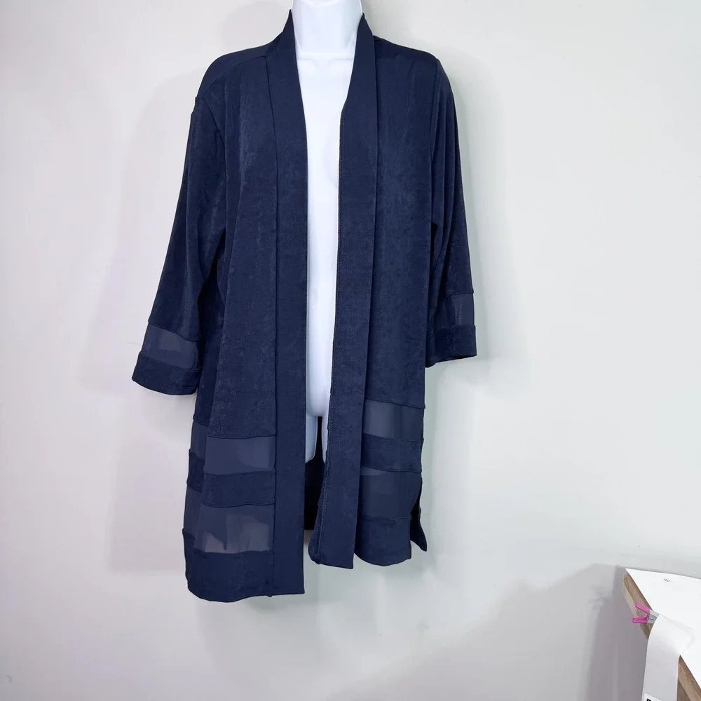 Chico's Cardigan Sweater Womens Large Blue Travelers Inset Mesh 3/4 Sleeve - Picture 8 of 10